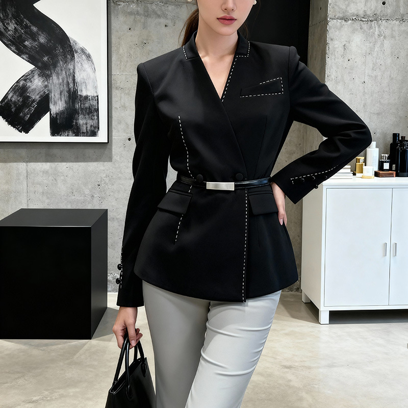 黑色收腰西装上衣女2025秋冬新款设计感职业装气质显瘦系带外套女