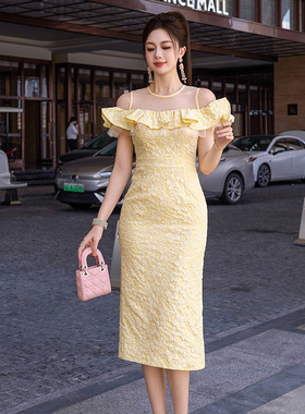 长款礼服裙2025夏季新款女装法式性感露肩荷叶边修身连衣裙51406
