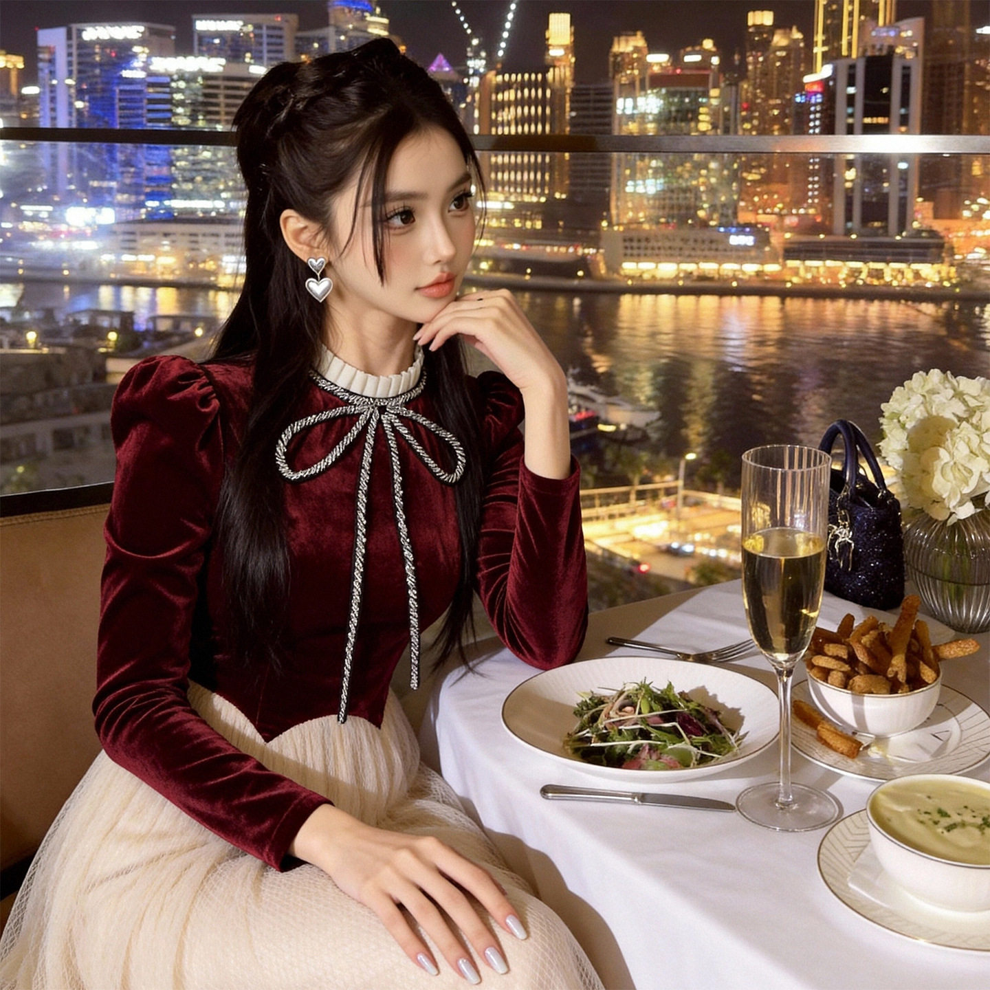 2026春装新款女装法式减龄蝴蝶结撞色拼接收腰网纱连衣裙