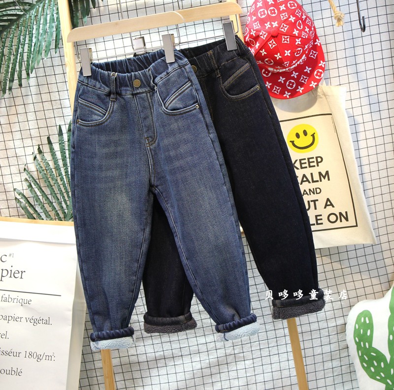 7-17爱木橦男女童羊驼绒牛仔加绒裤中大童一体绒加厚老爹保暖长裤