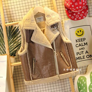 5-15岁女童马甲秋冬韩版加绒坎肩男童翻领皮毛一体中大儿童外套潮