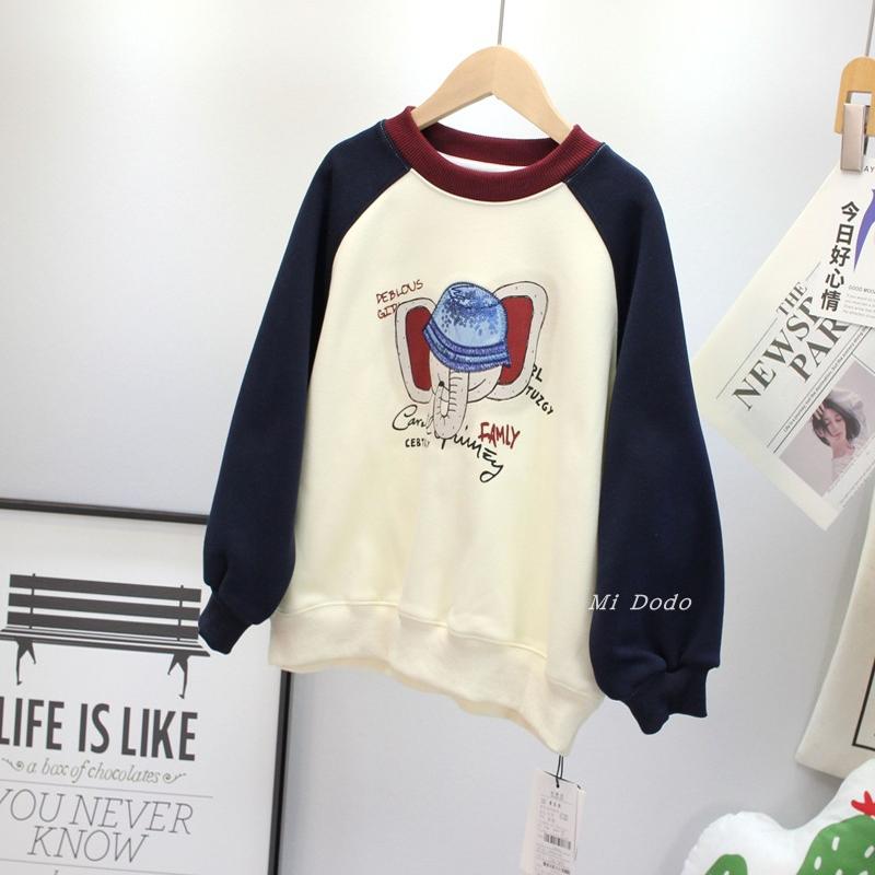 9-19码童乐鱼童装男女童冬加绒卫衣中大童韩卡通大象一体绒上衣潮