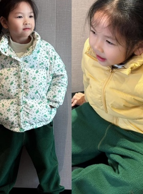 ins爆款宝宝幼儿园秋冬新款男女儿童黄色绿色狗狗印花面包羽绒服