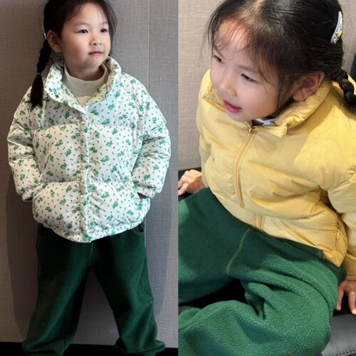 ins爆款宝宝幼儿园秋冬新款男女儿童黄色绿色狗狗印花面包羽绒服
