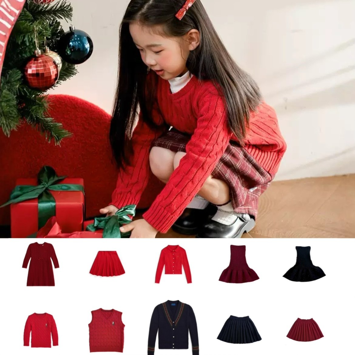 2026春节新款麻花针织套装女童新年红色毛衣ins爆款幼儿园男女宝