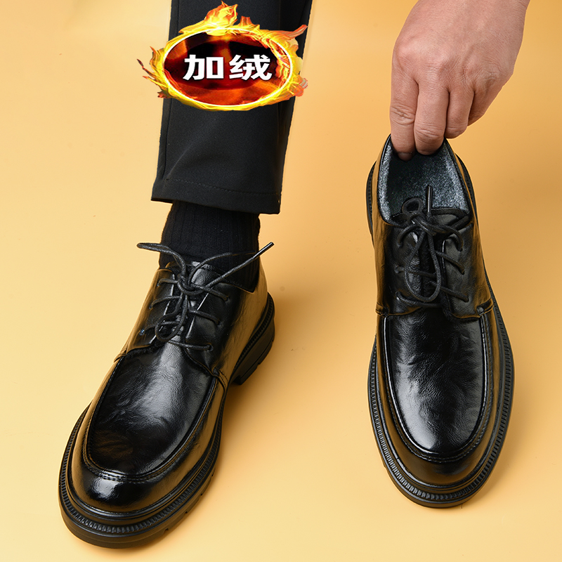 男士二棉皮鞋男款2025新款年轻高级感冬季加绒商务休闲男鞋秋冬款