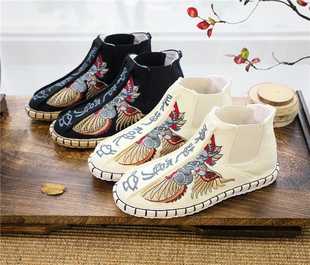 2024秋冬新款高帮棉麻中国风刺绣东巴文丽江汉服亚麻绣花古风布鞋