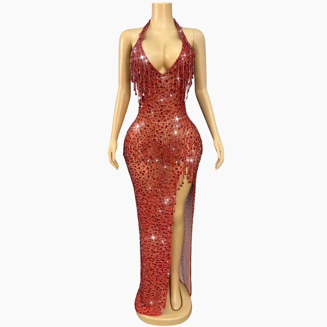 性感女主持服装红色钻石链条连衣裙女歌手商演舞台装生日礼服