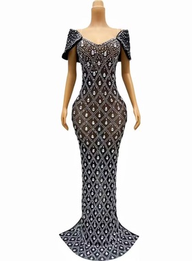 性感黑色钻石晚礼服垂帘加披肩司仪抹胸气质优雅演出服修身连衣裙