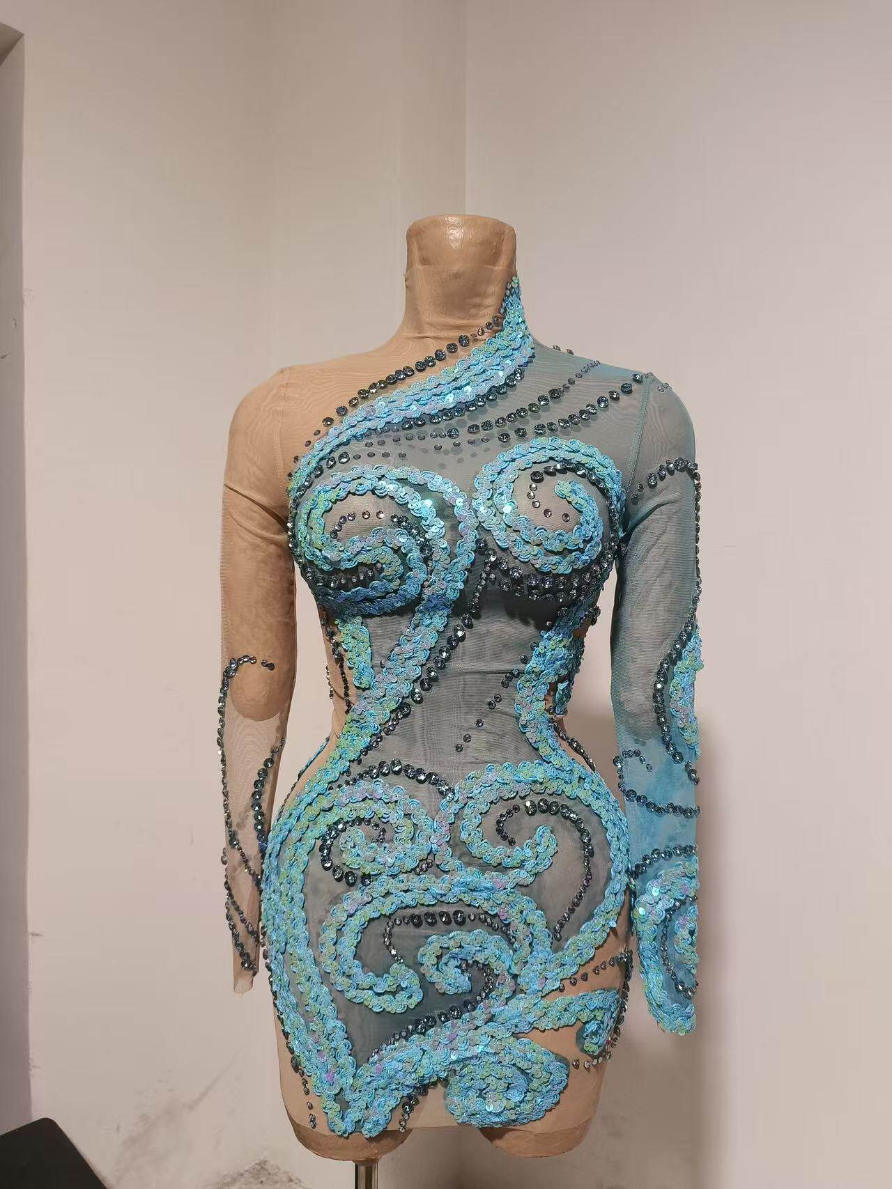 Dress高端定制天蓝色珠绣性感透视长裙年会晚宴聚会选秀红毯礼服