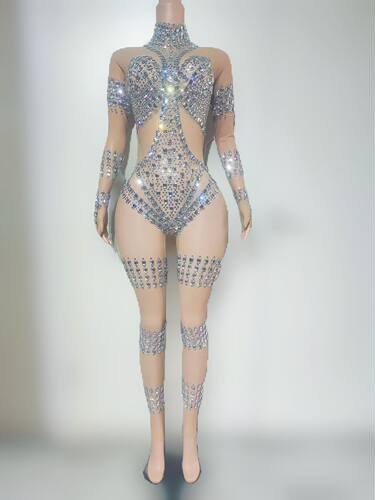 时尚欧美风blingbling水钻透视网纱连体衣舞蹈表演歌手舞台演出服