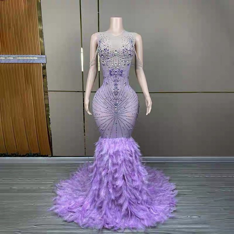 紫色钻石羽毛礼服新年车模女主持服宴会派对模特连衣裙歌手演出服