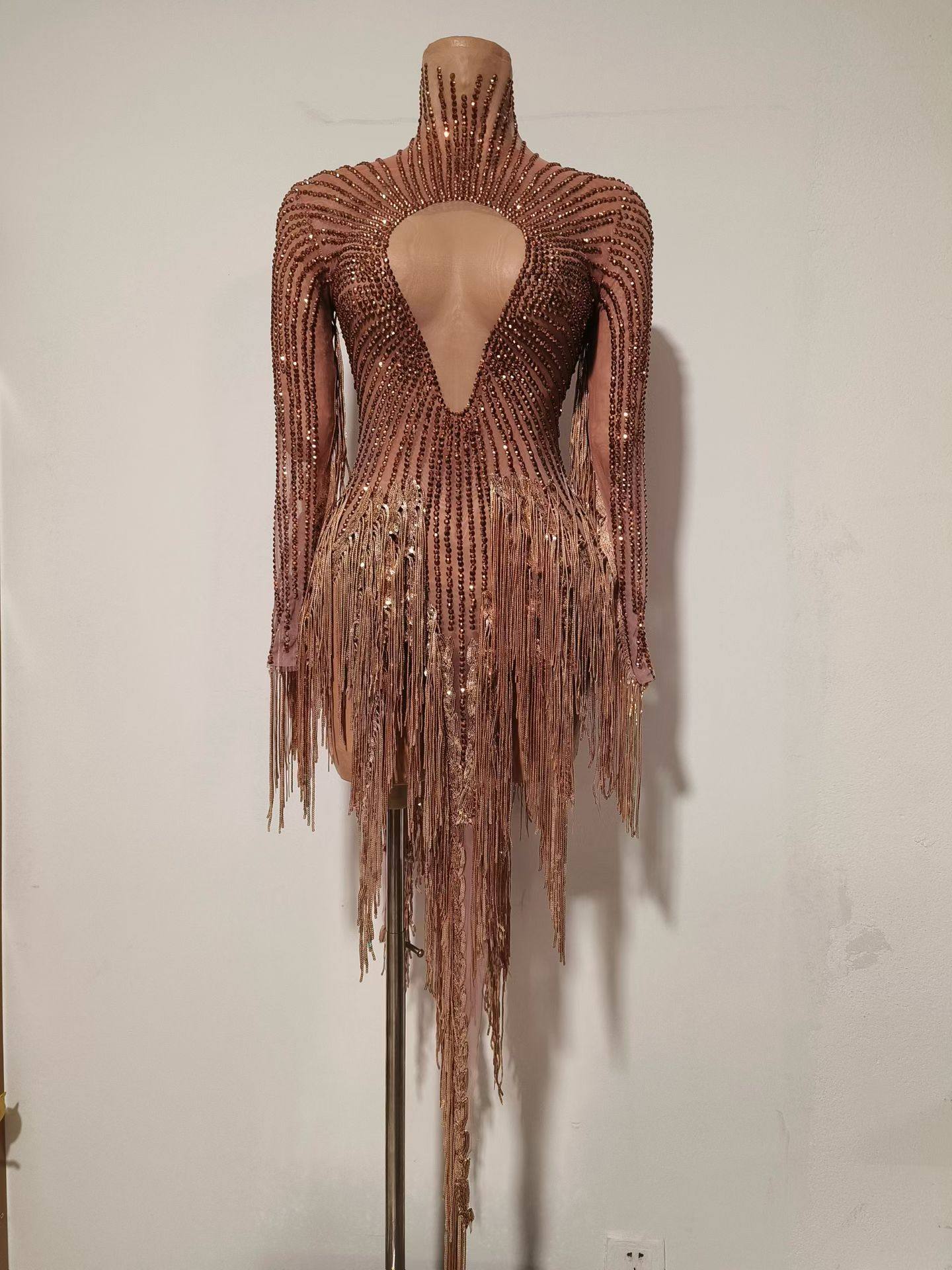 金色钻石流苏礼服裙流苏烫钻连衣裙夜店ds领舞服女团跳舞主播服装