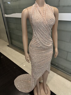 钻石礼服鸡尾酒礼服露背高分叉晚礼服性感露背无袖夏季连衣裙