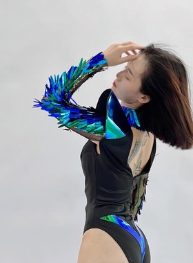 幻彩蓝绿色未来感女战士高叉性感女歌手连体衣炫酷走秀服