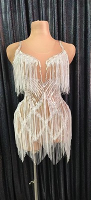 Shining Silver Sequins Fringes Dress Sexy Mesh See Through T