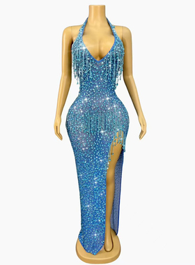 蓝色钻石晚礼服性感高开叉长裙歌手主持订婚宴年会领奖晚礼服
