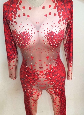新款情侣装男女goog舞队爱心蕾丝印花性感连体假肌肉印花演出服