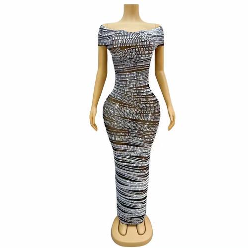 钻石演出服黄色亮钻一字肩修身连衣裙时尚派对红毯走秀颁奖礼服