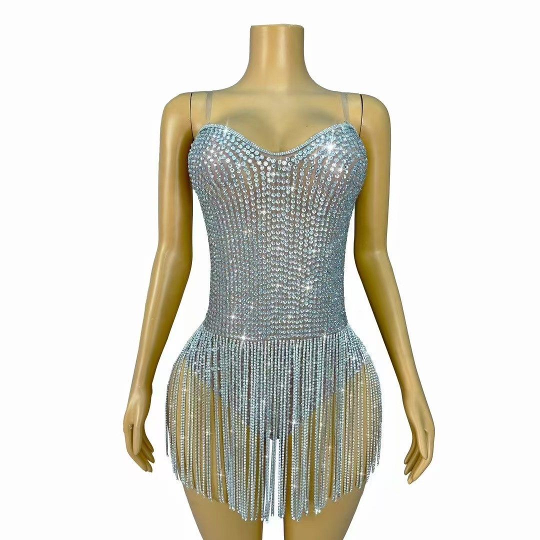 钻石链条连体衣高叉连体衣性感俱乐部装歌手舞蹈表演演出服舞台装
