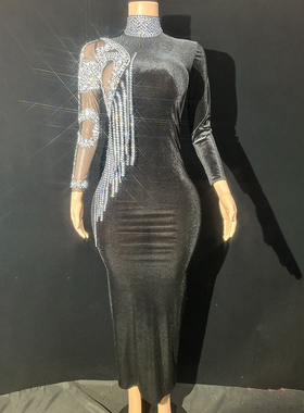 演出服黑色丝绒钻石长裙公司年会活动聚会晚装酒吧夜店乐队演唱