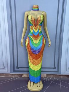 彩虹色钻石吊带礼服女歌手舞台七色光水钻气质长裙酒会派对礼服