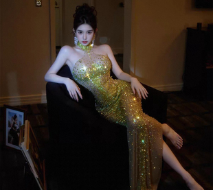 Blingbling奢华水钻性感透视网纱长裙酒会派对礼服红毯演出服渐变