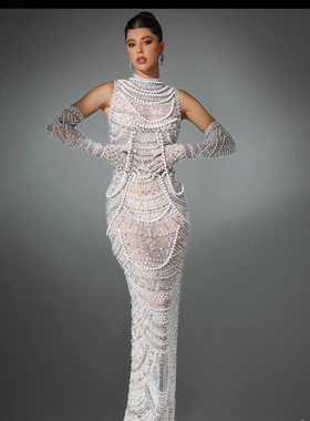 外贸裸色性感挂脖鱼尾重工钉珠珍珠名媛艺考独唱礼服裙LA72091A