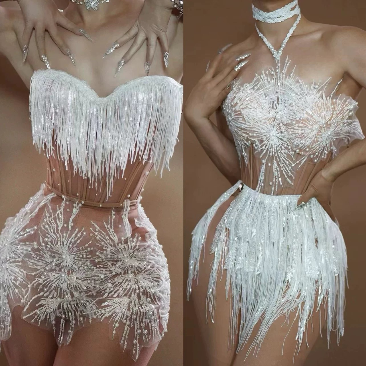 拉丁舞服牛仔恰恰流苏珍珠演出服冬季表演服套装雪花可做团服