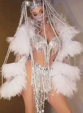精灵夜店酒吧白色毛毛大外套披肩gogo派对女歌手dj圣诞节演出服