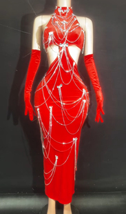 钻石礼服性感挂脖露背连衣裙欧美优雅生日宴会夜店女歌手演出服