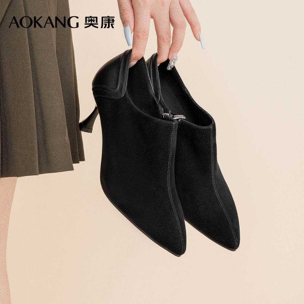 特价奥康女鞋早秋洋气短靴瘦瘦靴细高跟鞋磨砂皮尖头法式及踝靴子