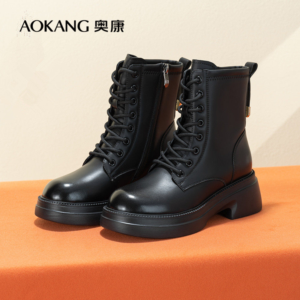 特价奥康靴子女秋冬高级感棕色短靴小个子加绒二棉鞋英伦风马丁靴