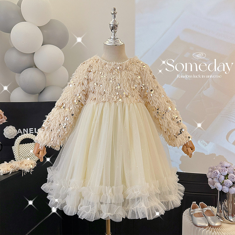 女童秋冬加绒亮片公主礼服裙子