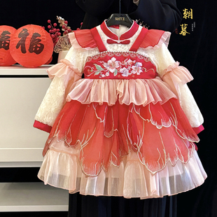 女童红色洛丽塔公主裙冬装2026新年蓬蓬裙儿童中国风拜年服连衣裙