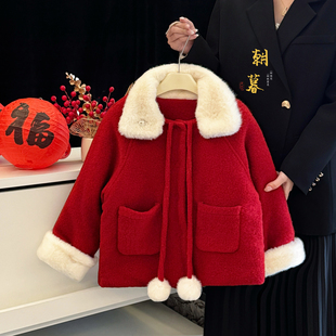 女童红色外套冬装2026新款洋气加厚毛呢新年装小女孩喜庆过年衣服