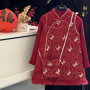 女童过年连衣裙冬装2026新款高级感新中式旗袍公主裙儿童红色裙子