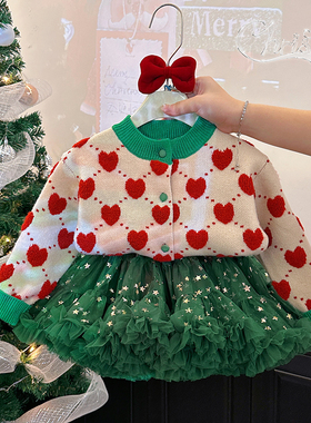 女童圣诞秋冬季红色过年服宝宝洋气毛衣开衫tutu裙儿童新年套装裙