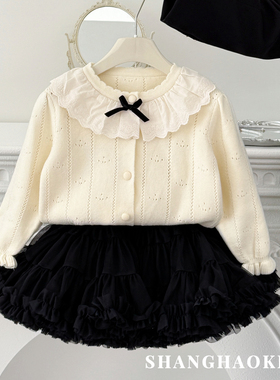 女童毛衣套装裙春秋款儿童娃娃领针织开衫黑色tutu裙洋气蓬蓬纱裙