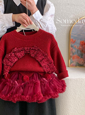 女童tutu裙套装秋冬装儿童洋气时髦拜年服毛衣裙宝宝红色新年衣服