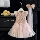 2025新款 女童无袖 连衣裙夏季 高端洋气亮片礼服儿童拼接网纱公主裙