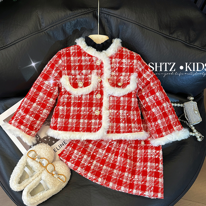 女童小香风套装裙冬装2023新款女宝宝红色衣服儿童时尚新年过年服