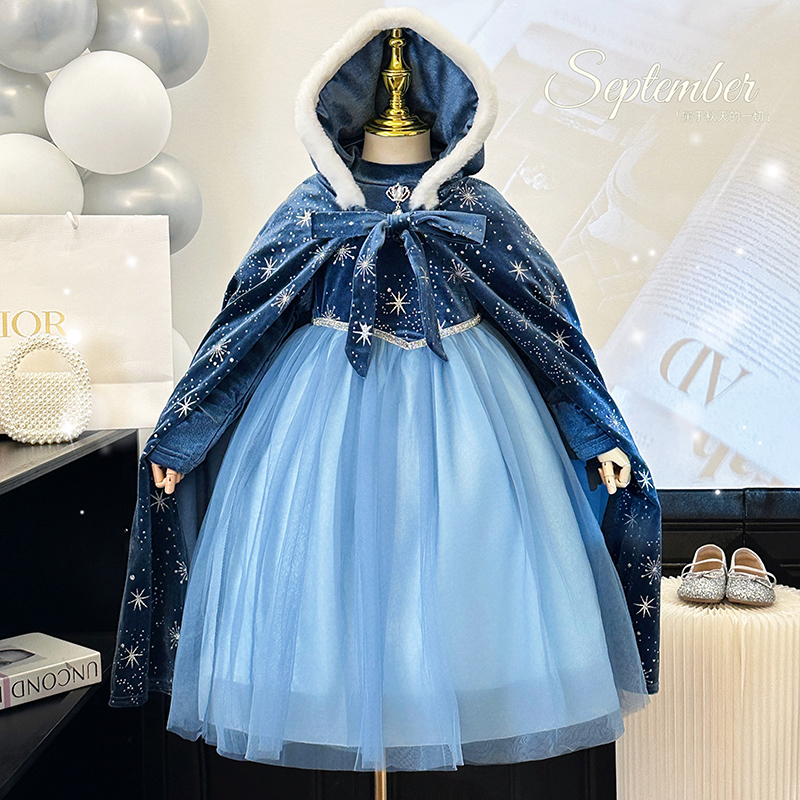 女童秋冬加绒新款爱莎网纱连衣裙