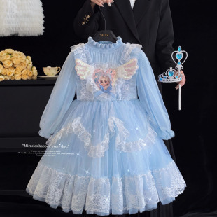 爱莎公主裙女童冰雪奇缘连衣裙秋冬款艾莎毛衣裙高端生日礼服裙子