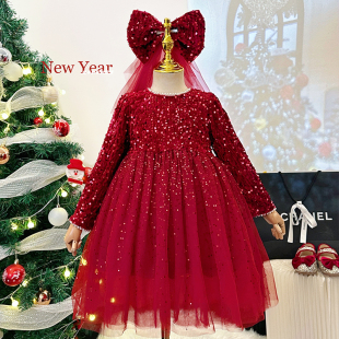 女童连衣裙秋冬儿童高级感洋气亮片公主裙女孩红色新年加绒礼服裙