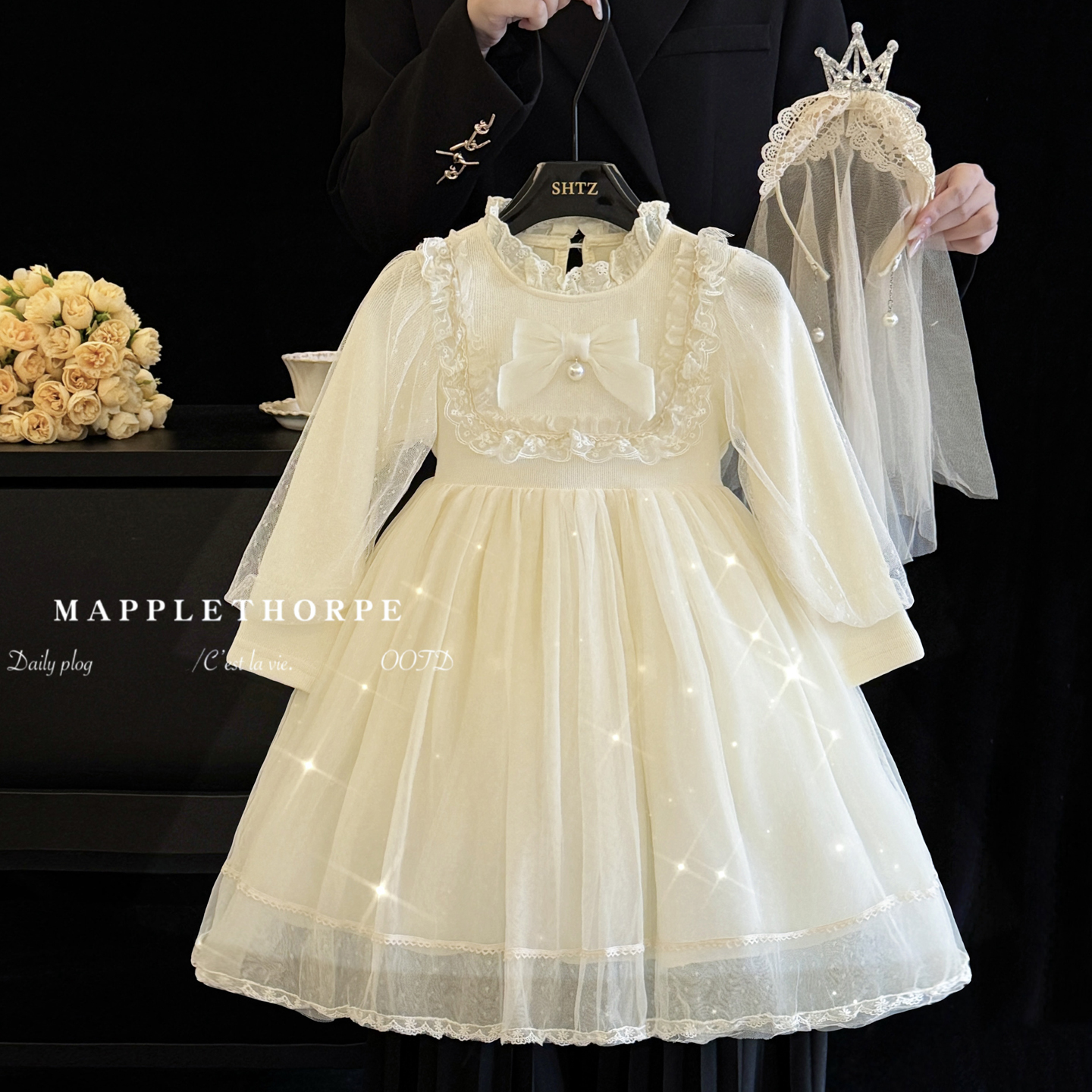 女童公主裙秋装2025新款儿童生日礼服蝴蝶结蕾丝花边洛丽塔连衣裙