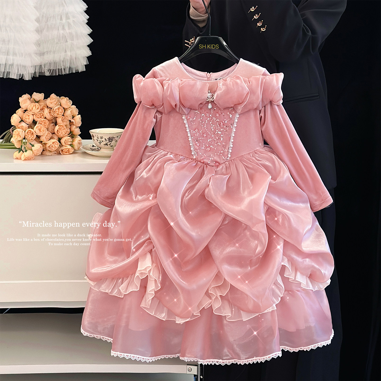 女童公主裙春秋款儿童高端宴会重工蓬蓬裙洋气生日礼服粉色连衣裙