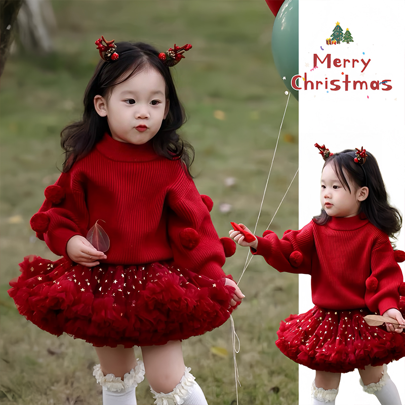 女童秋冬红色新年装tutu裙套装