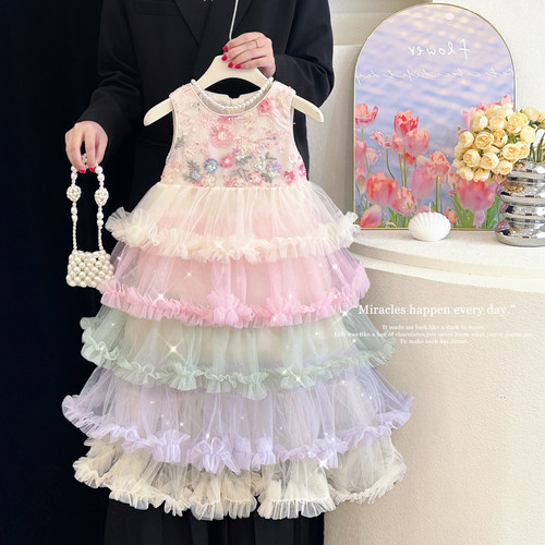女童夏季碎花无袖背心蛋糕蓬蓬裙