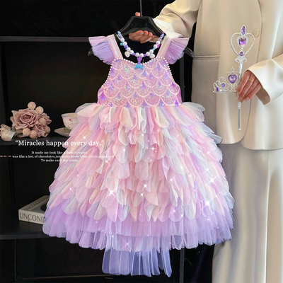 女童美人鱼连衣裙重工彩色公主裙